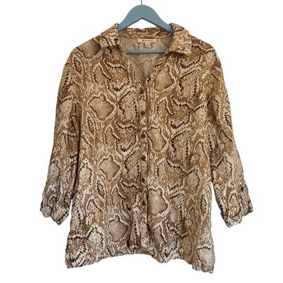 JM Collection Tops - JM Collection‎ Tan Brown 100% Linen Snake Print Lightweight Button Shirt Size 16